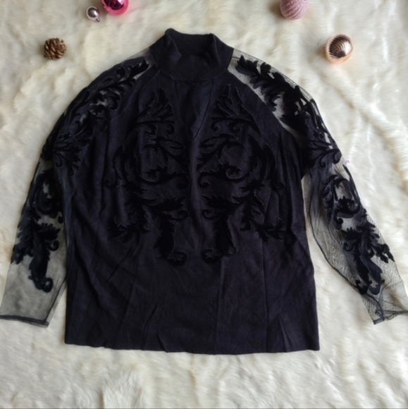 I.N.C women's pluc size velvet flocked mesh sleeve top 1X - Picture 2 of 3